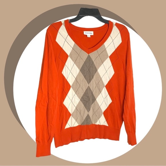 St. John’s Bay Dark Orange Red w Tan White Argyle Sweater Top Wm L - Picture 1 of 5